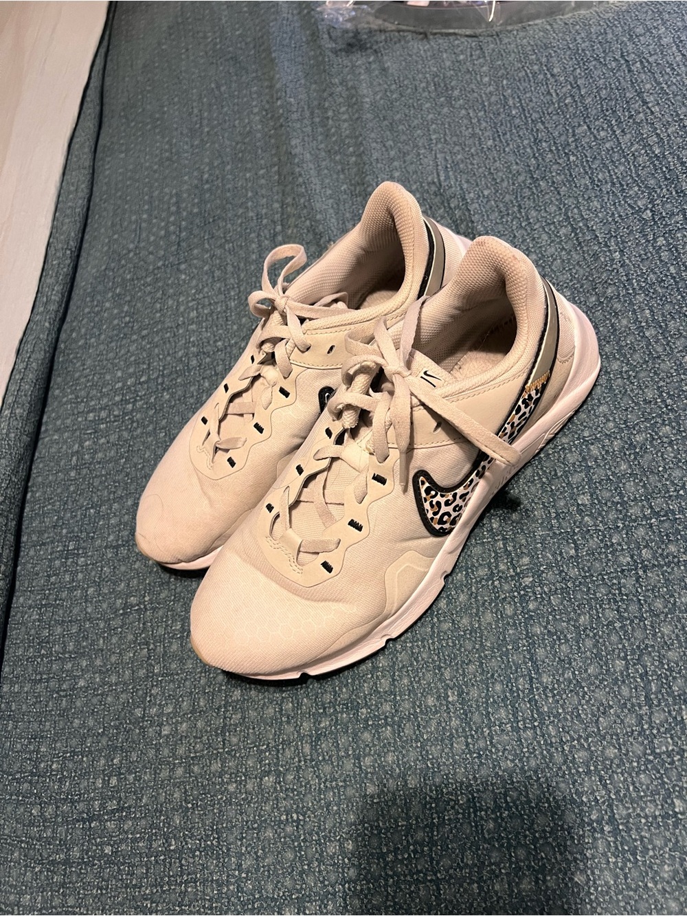 Nike Women’s Cream Athletic Sneakers with Leopard-Print Swoosh